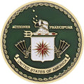 Green military challenge award coin with shield, rifle, and eagle crest design
