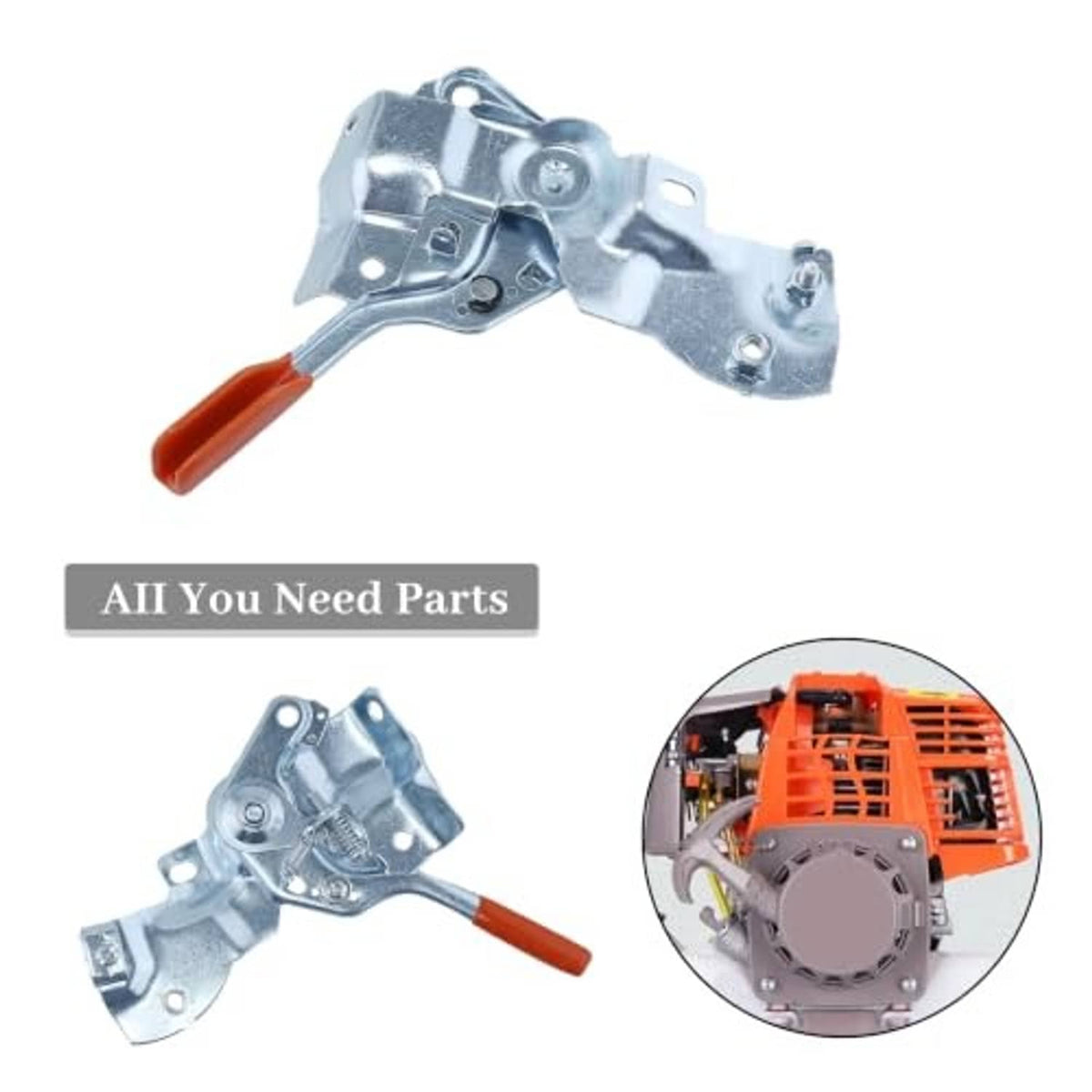 Throttle control lever arm assembly with orange handle, silver metal linkage and bracket