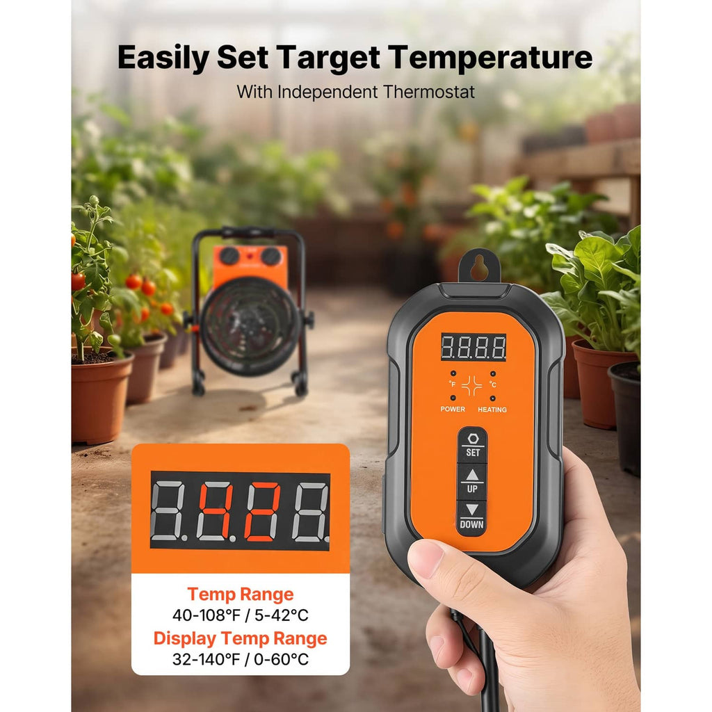 Orange electric greenhouse heater with digital thermostat display and set temperature buttons