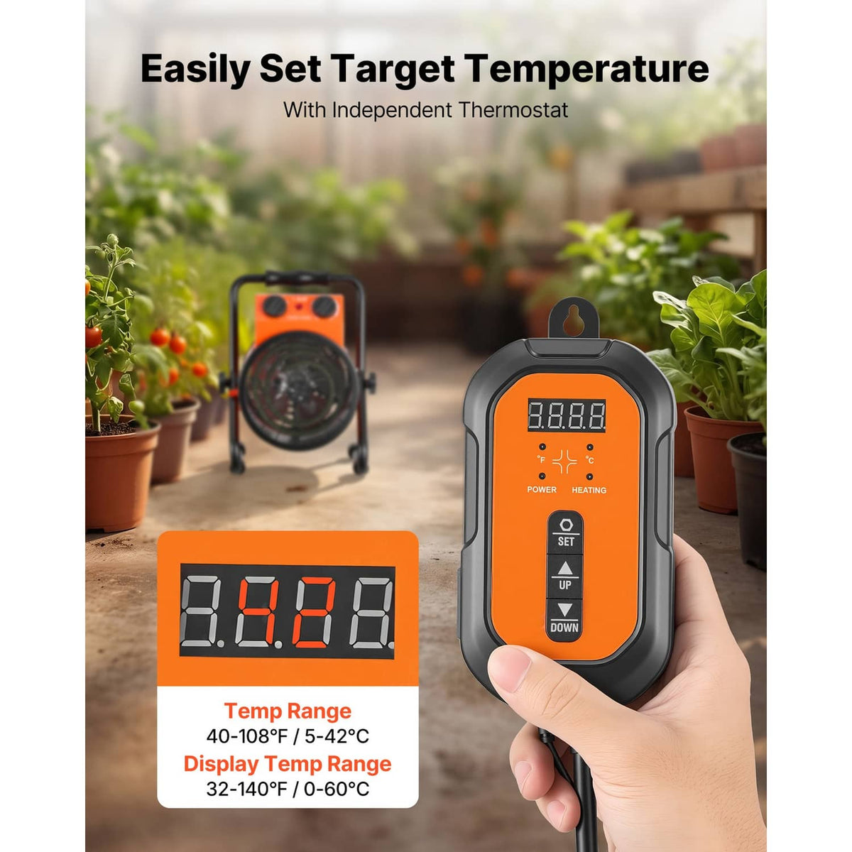 Orange electric greenhouse heater with digital thermostat display and set temperature buttons
