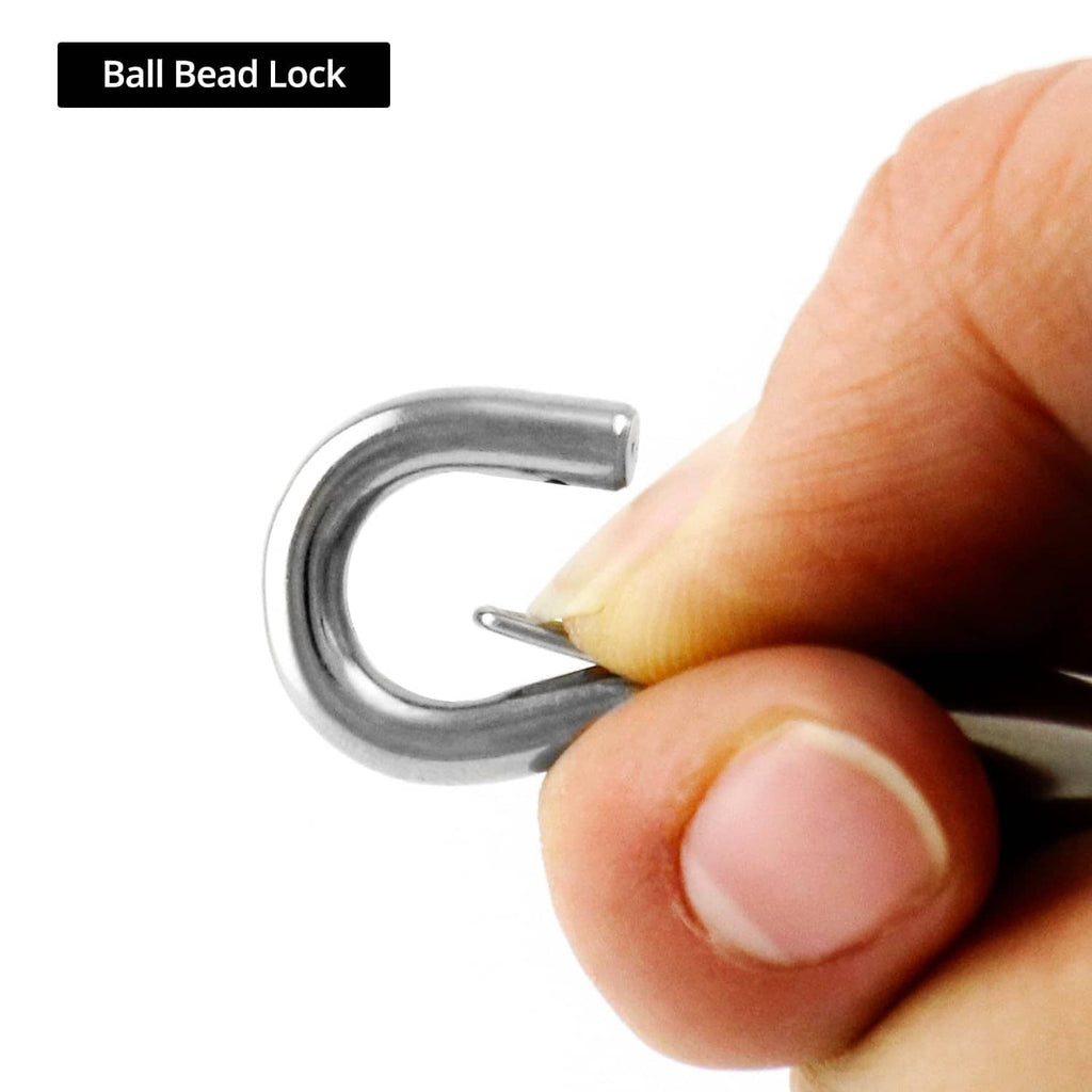 Steel hook-and-eye hanger with ball bead lock, shown with pin insertion detail.