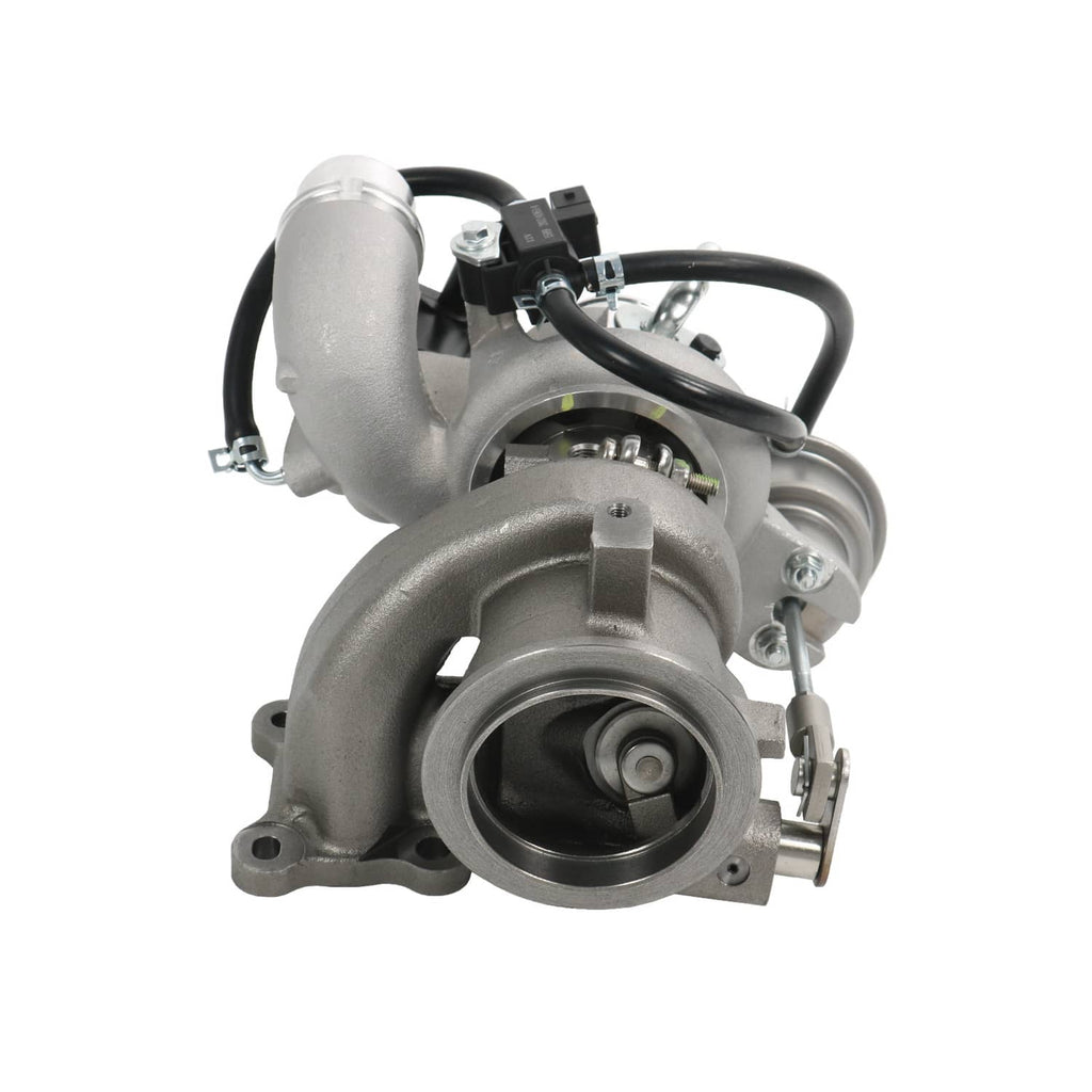 Turbocharger with large circular intake opening and black hose routing