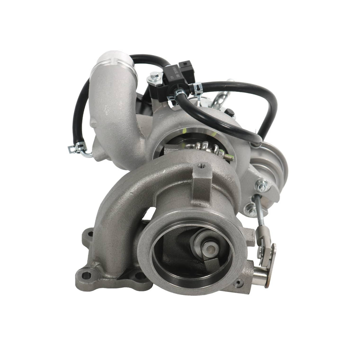 Turbocharger with large circular intake opening and black hose routing