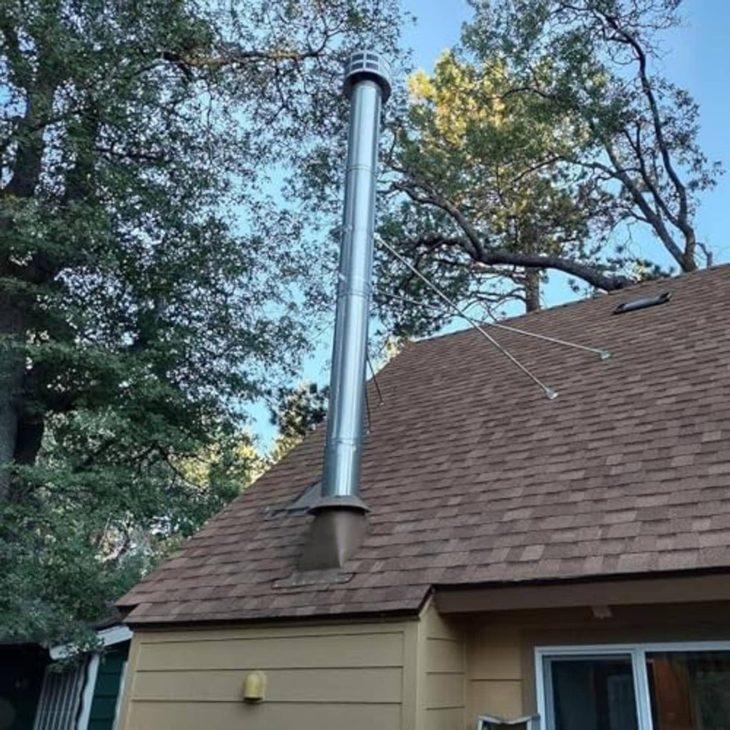 Stainless steel chimney support bracket with rods mounted to roof for stove pipe