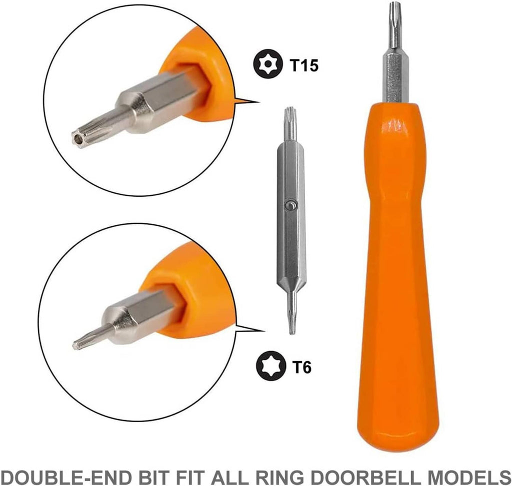 Orange Torx screwdriver with visible T15 and T6 bit ends in a circular inset detail