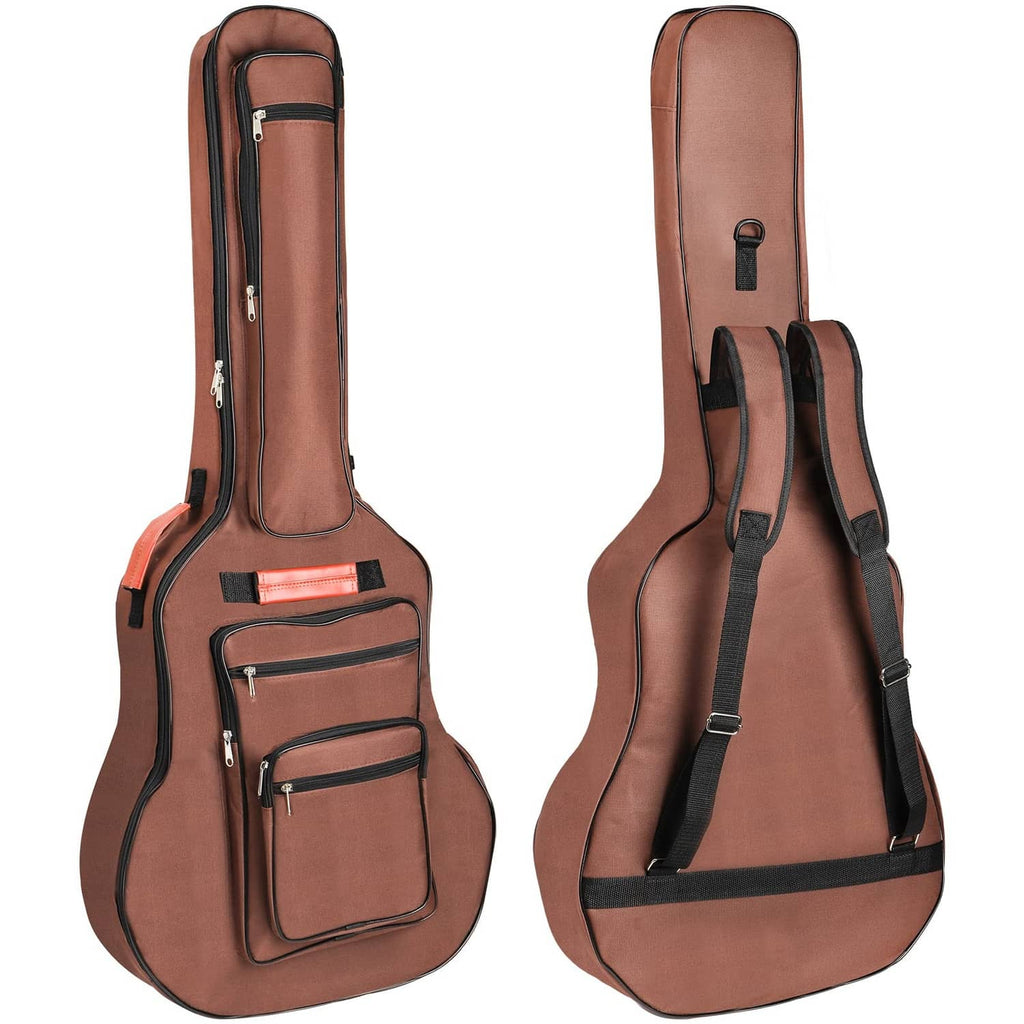 Brown padded acoustic guitar bag with front zip pockets and top carry handle.