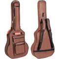 Brown padded acoustic guitar bag with front zip pockets and top carry handle.
