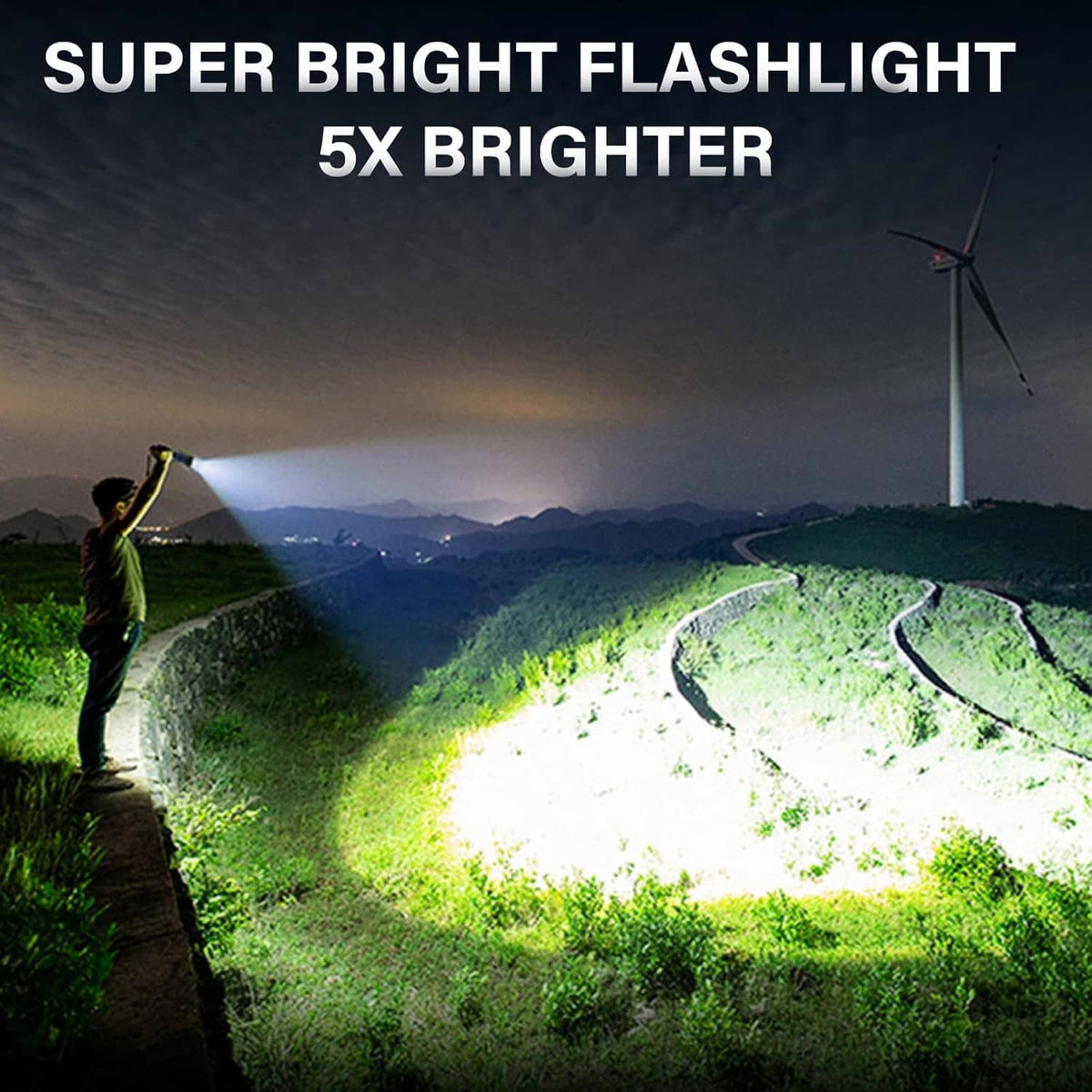 Black rechargeable LED flashlight projecting a bright beam in dark conditions