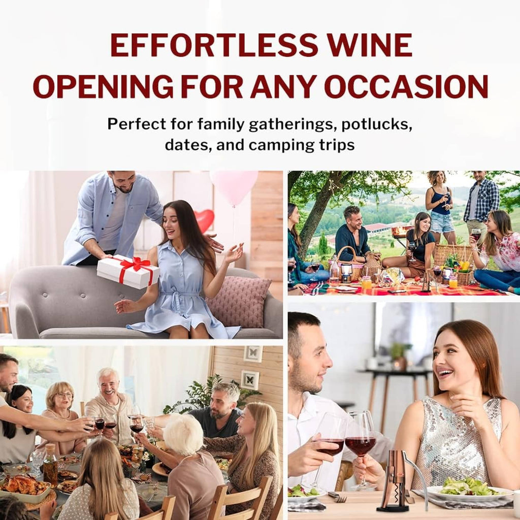 Copper wine bottle lever opener in a group dining scene with glasses