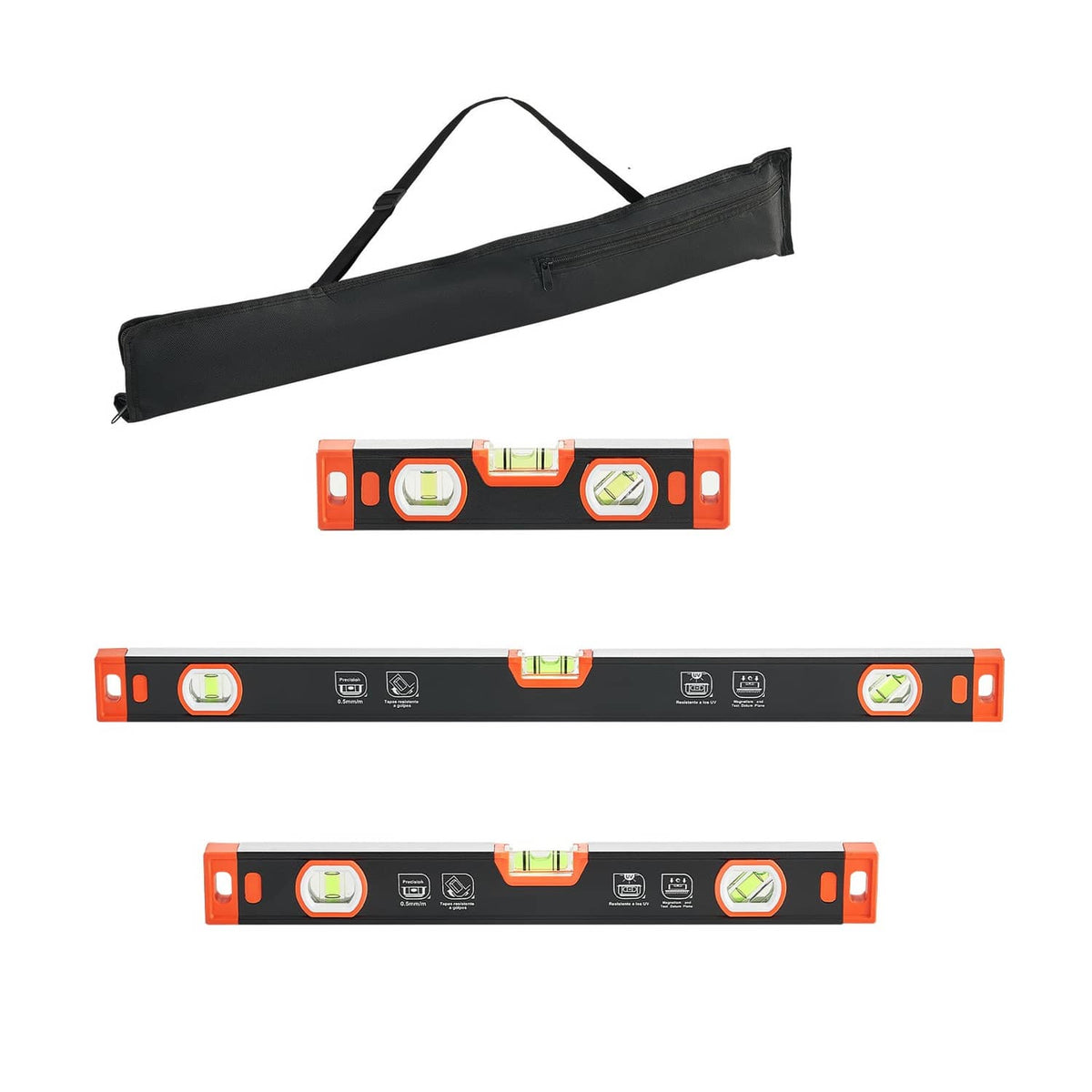 Magnetic torpedo level set in black and orange with storage bag