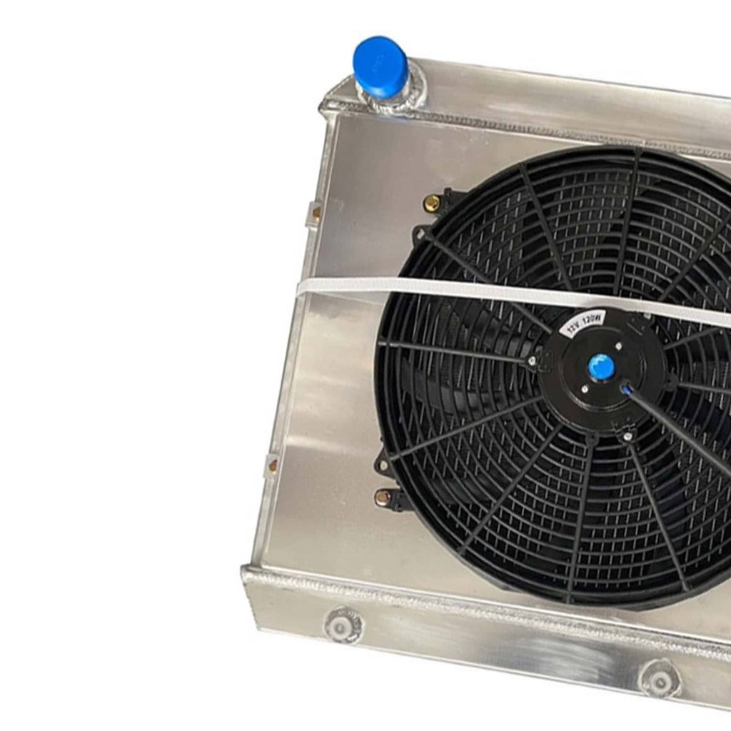 Close-up radiator shroud fan with black blades and blue hub center