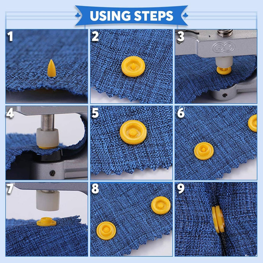 Snap button being pressed onto denim fabric using the yellow snap tool