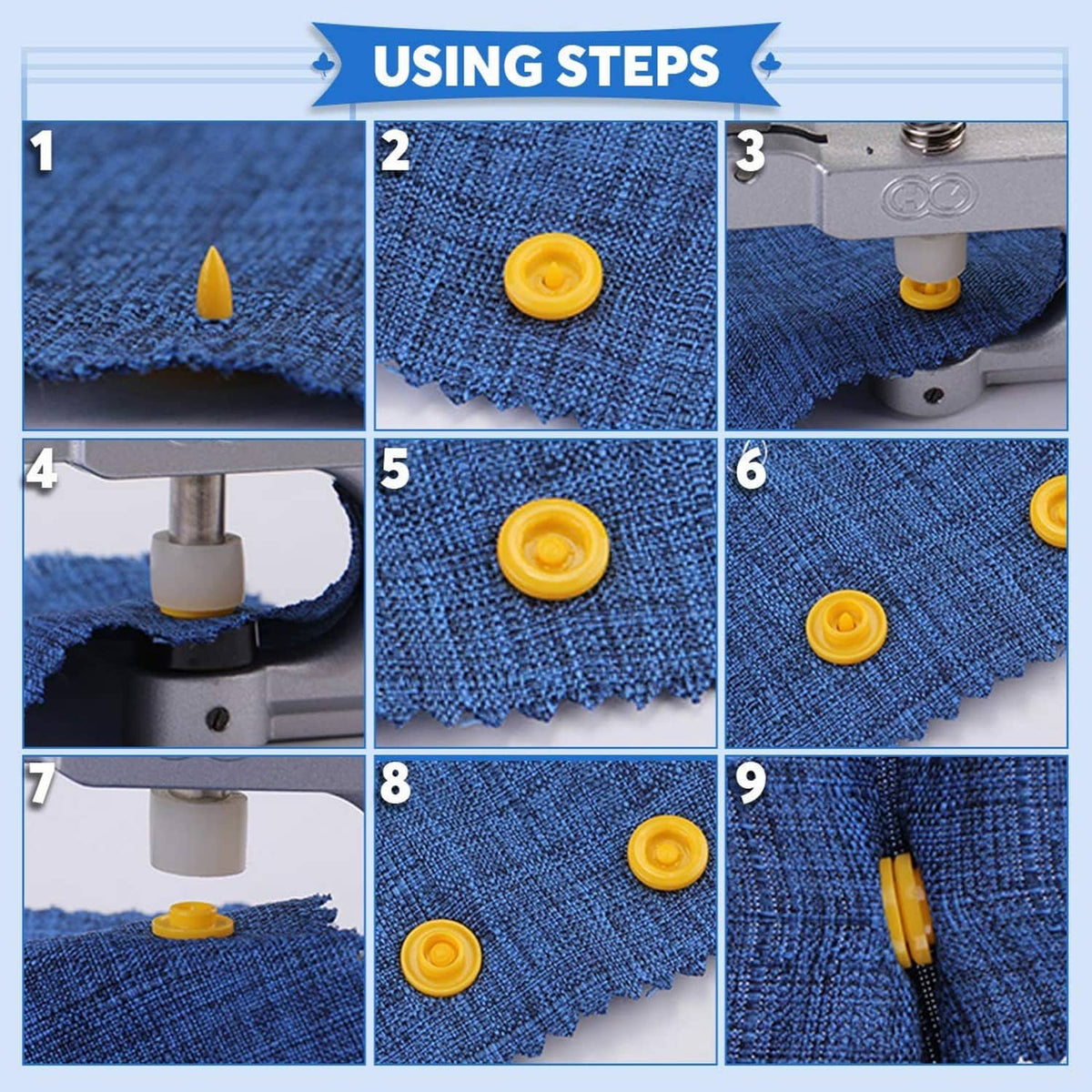 Snap button being pressed onto denim fabric using the yellow snap tool