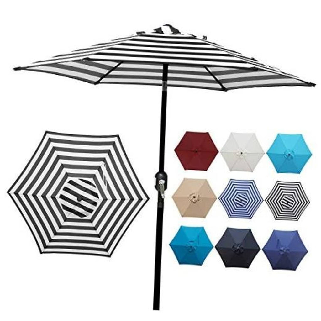 Black-and-white striped 7.5 ft patio umbrella with open canopy and center pole