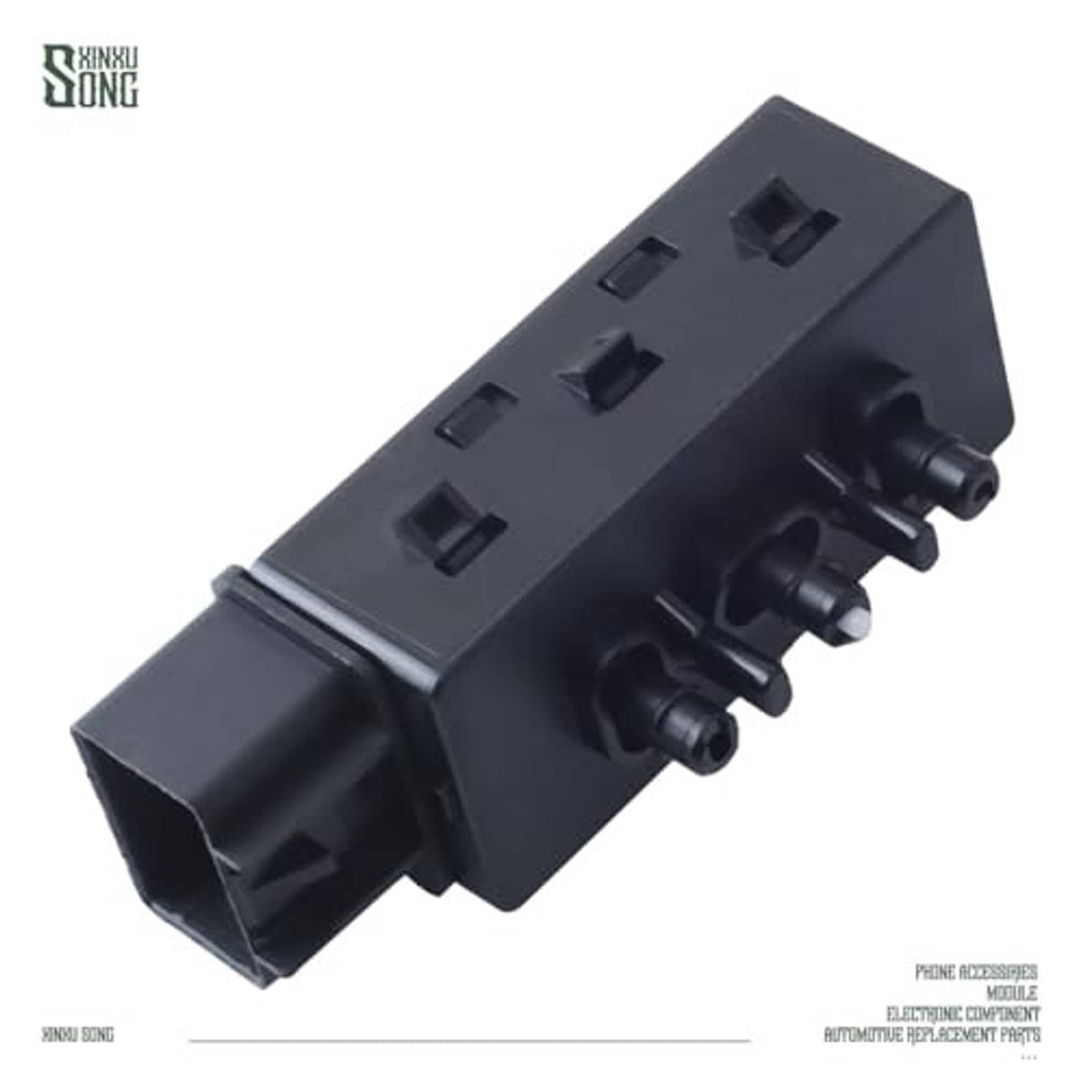 Black 6-way power seat switch, side view showing multi-pin outlet tabs