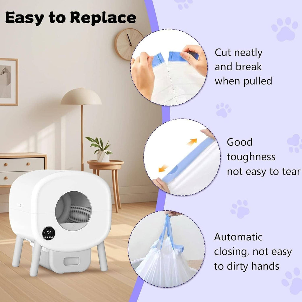 Cat litter box liner rolls with white litter tray shown, easy replacement