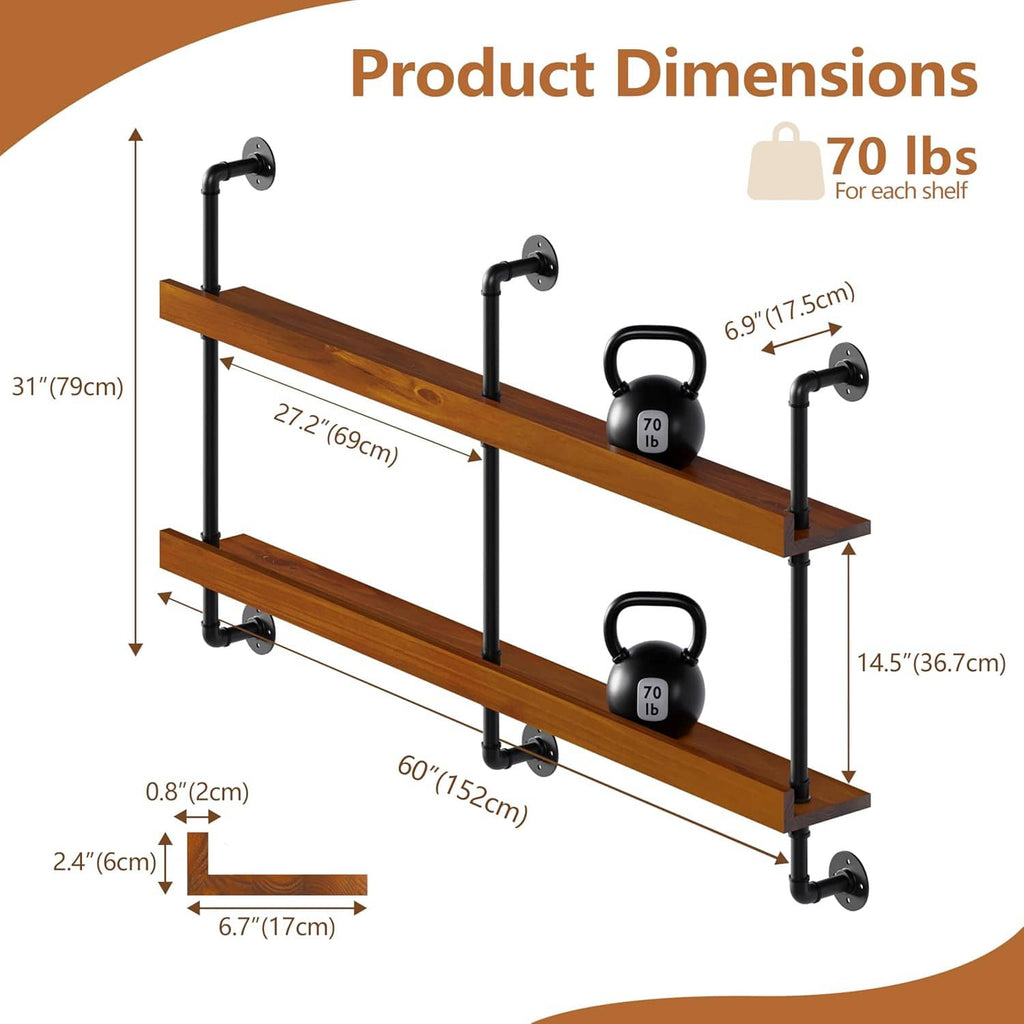 Wall-mounted 2-tier wine rack dimensions diagram with black pipe supports