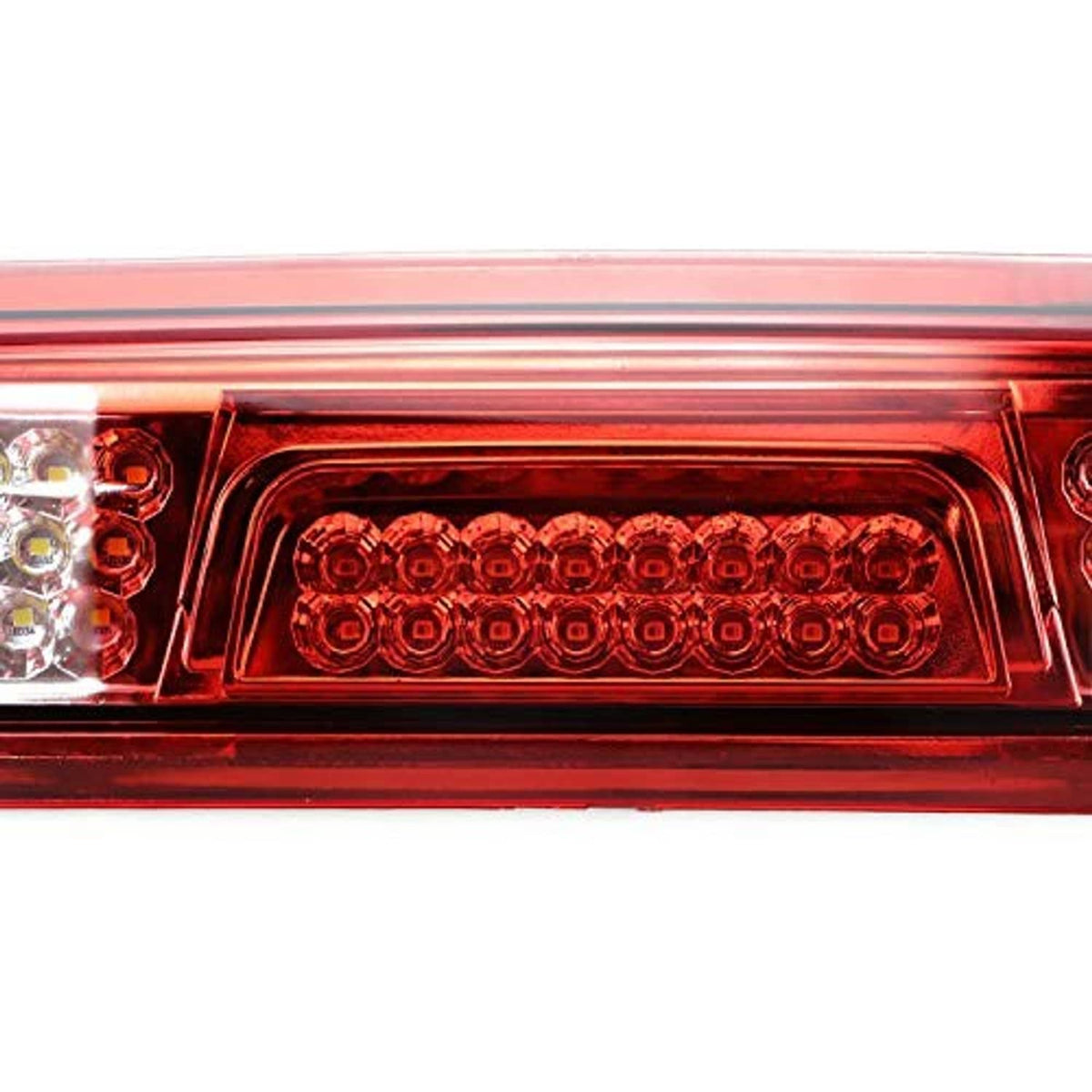 Red LED third brake light interior with circular LED rings in a rectangular lens
