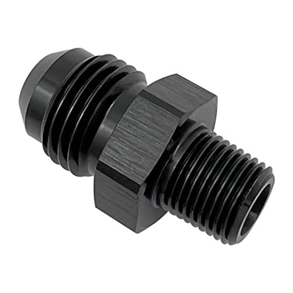 Black 10AN to 3/8 in NPT male union adapter fitting, dual male-thread connector ends