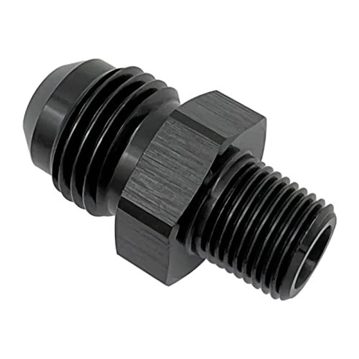 Black 10AN to 3/8 in NPT male union adapter fitting, dual male-thread connector ends