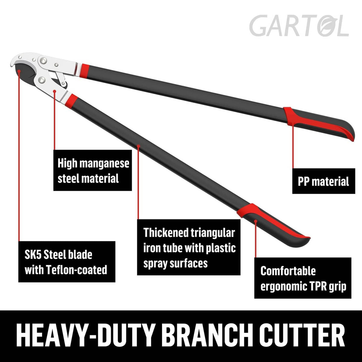 Heavy-duty anvil branch lopper with long handles, red grips, and silver cutting head