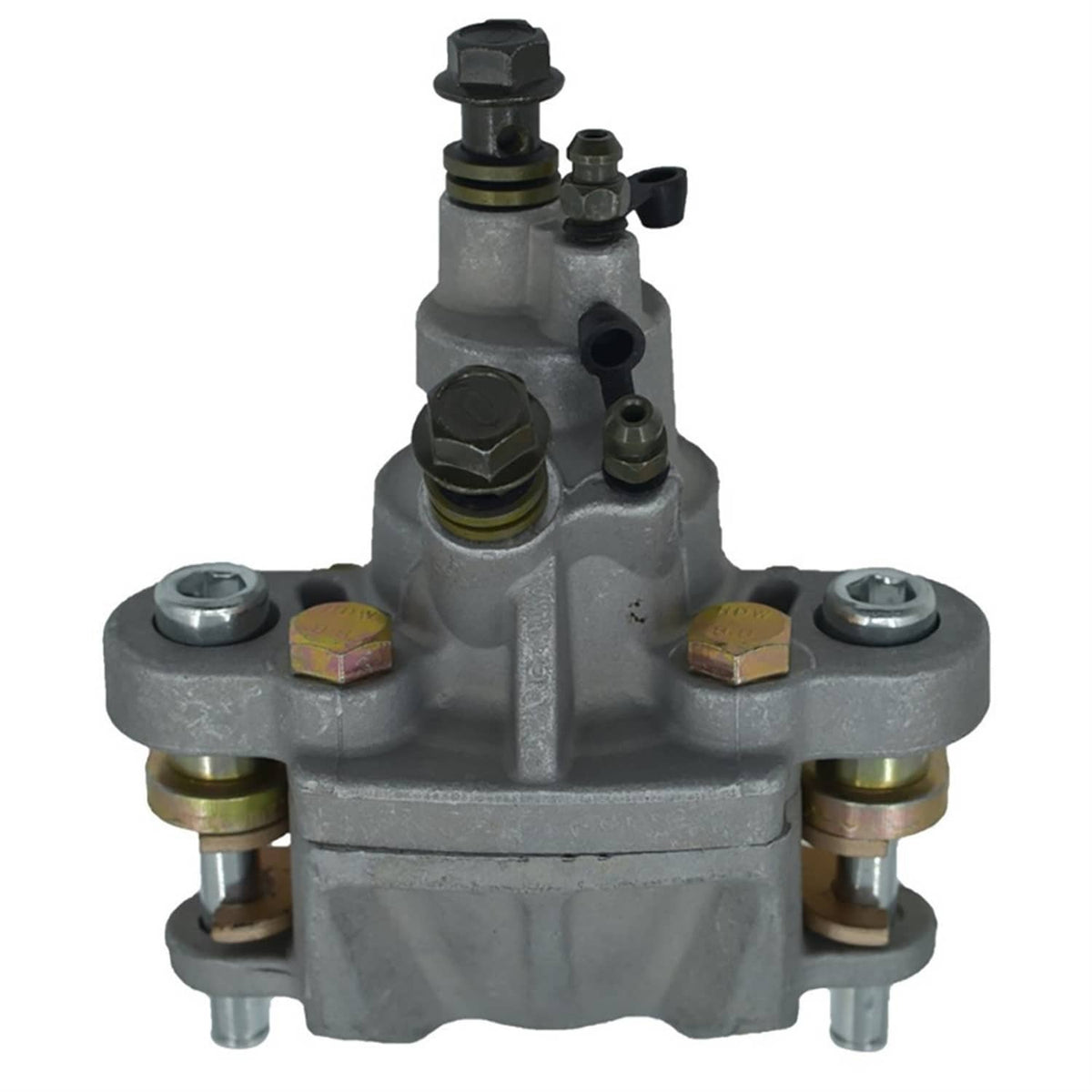 Rear brake master caliper with vertical fittings, gray metal housing, and mounting bolt heads