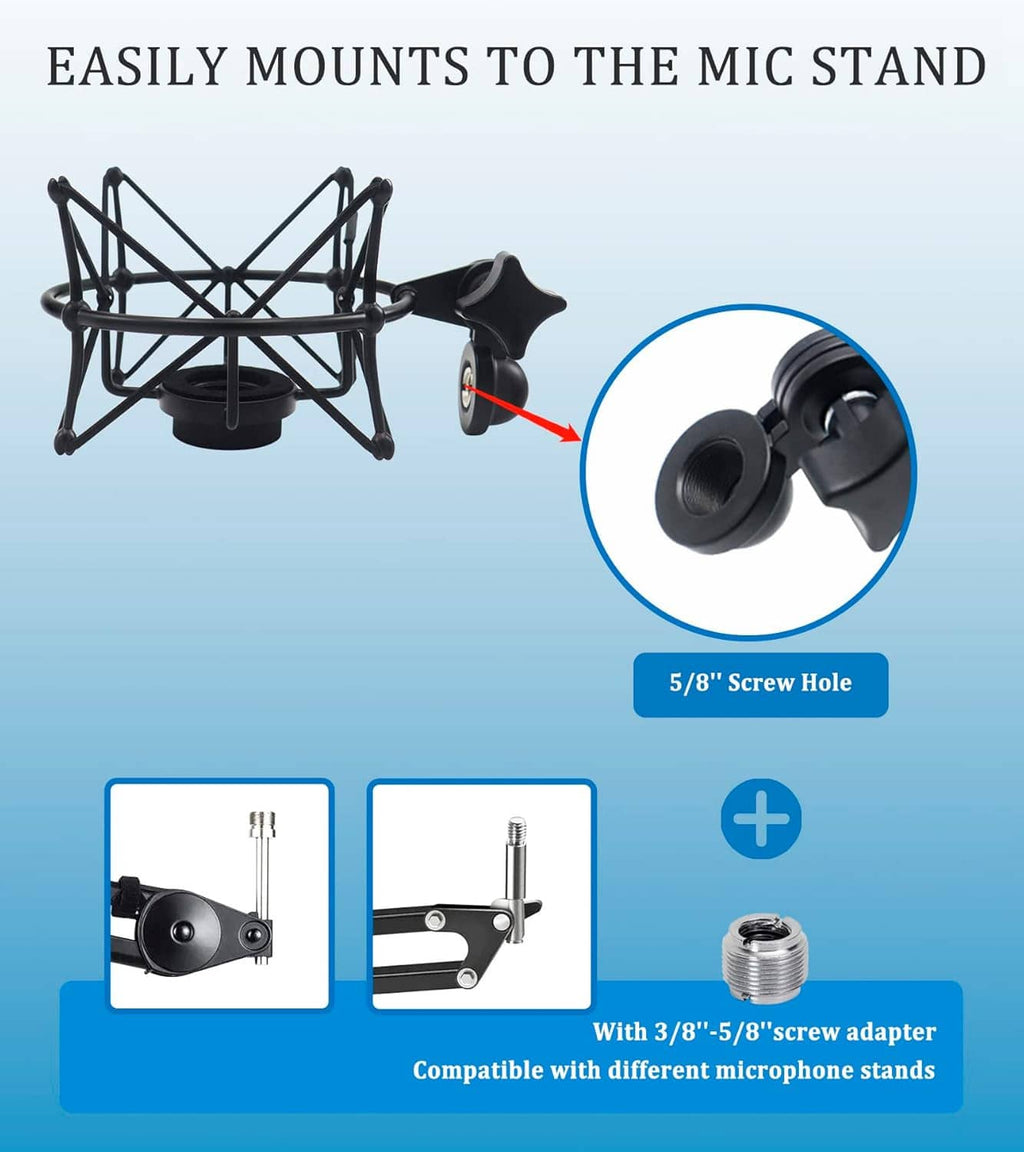 Black shock mount with 5/8-inch screw hole and mounting adapter points