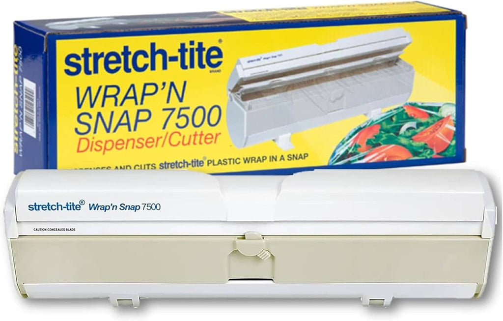 White plastic wrap dispenser with cutter, with stretch-tite Wrap'N Snap packaging