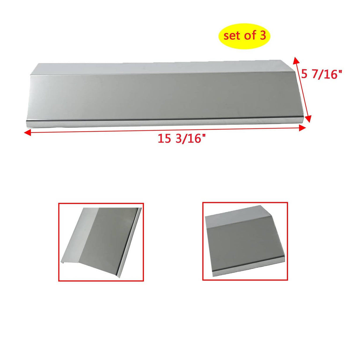 Set of 3 stainless heat plates for grill, rectangular with beveled edges