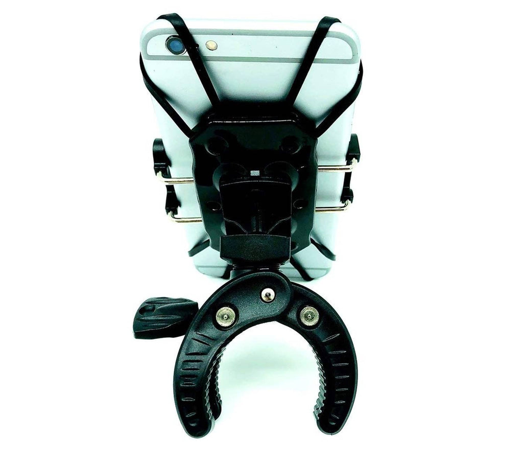 Universal bike phone holder with black clamp grips for a phone at center mount