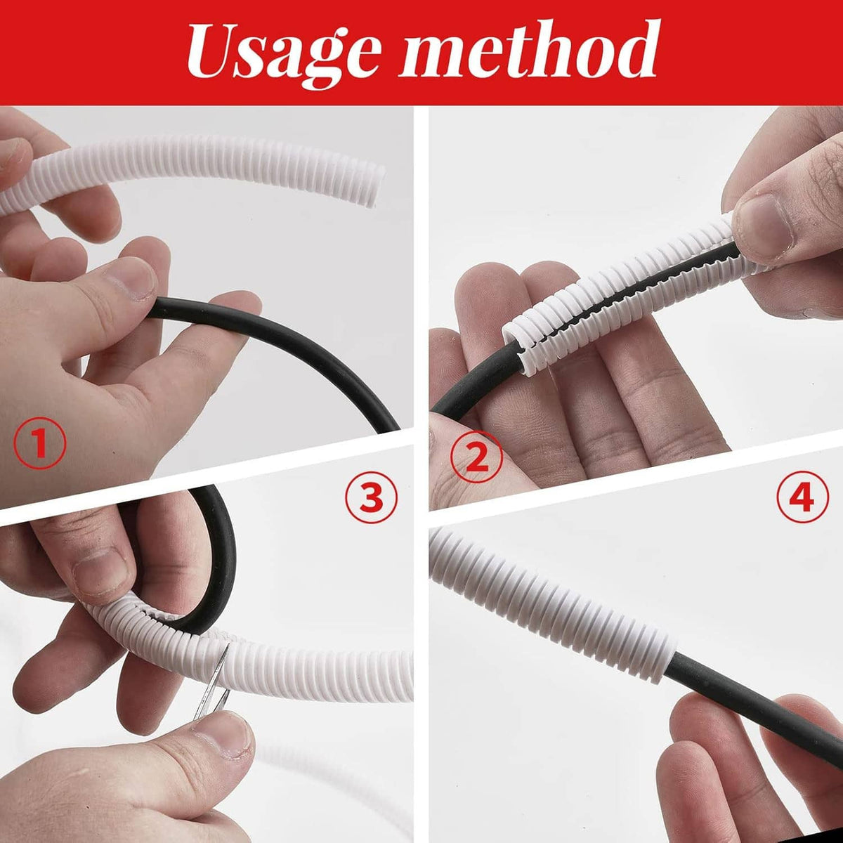 White cord protector sleeve with hands inserting a cable into the ribbed cover