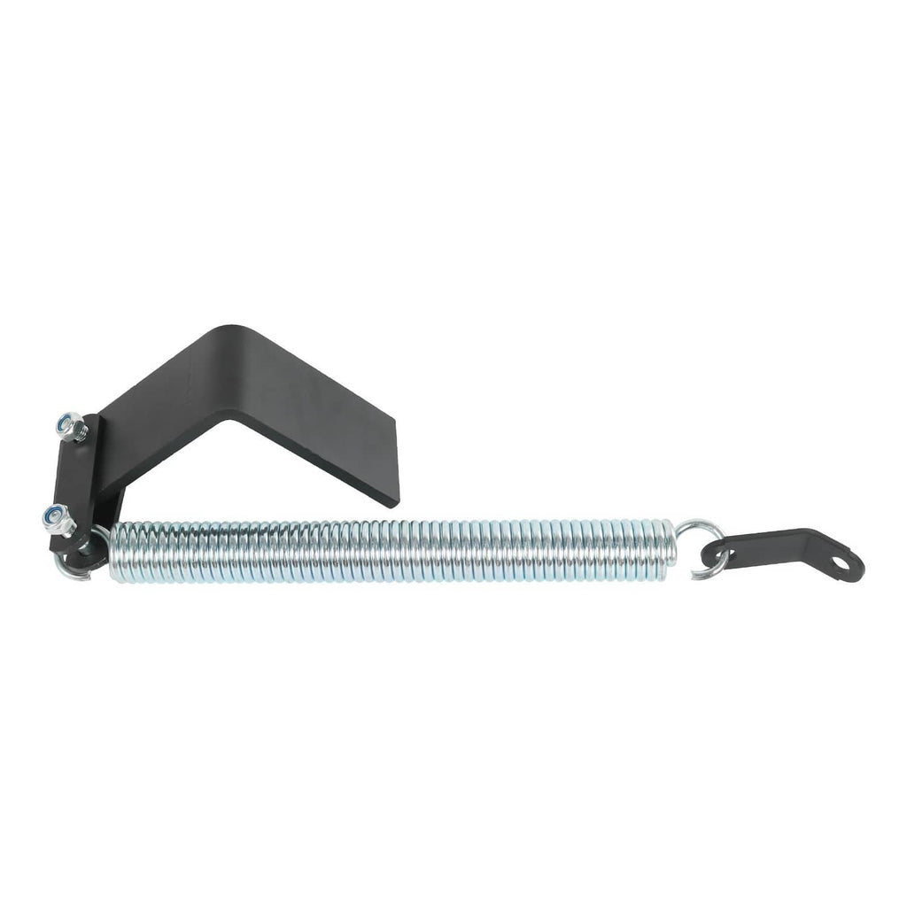 Left trailer tailgate spring lift assist kit with U-shaped black bracket and silver coil spring