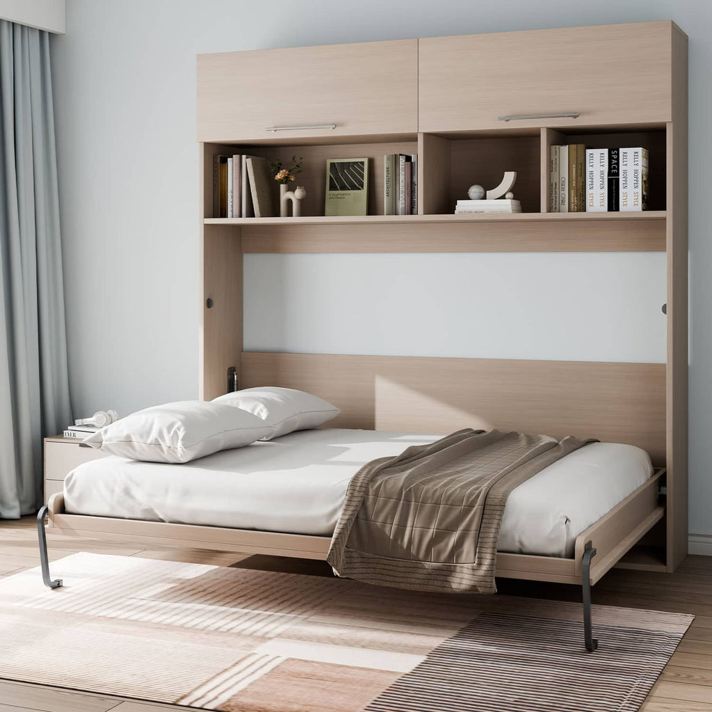 Murphy bed installed inside a wall cabinet, with frame legs and blanket on mattress