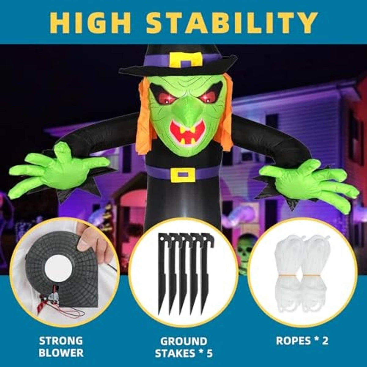 Inflatable Halloween witch decoration with stability details: blower, stakes, and ropes