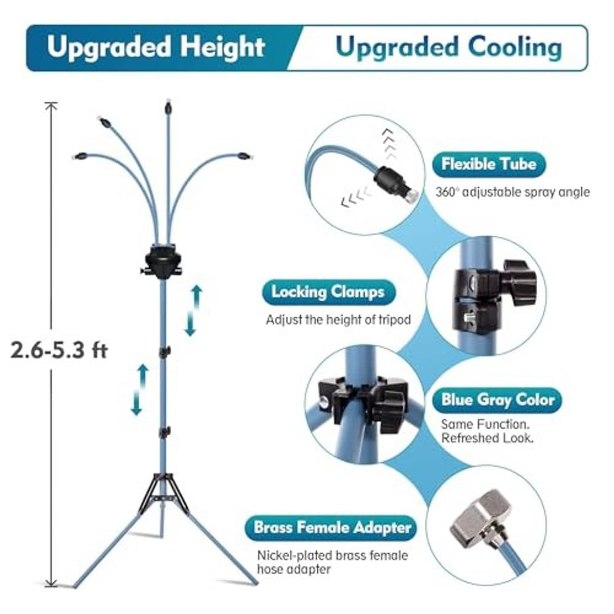 Product diagram of adjustable-height misting tripod with locking clamps and flexible spray tube