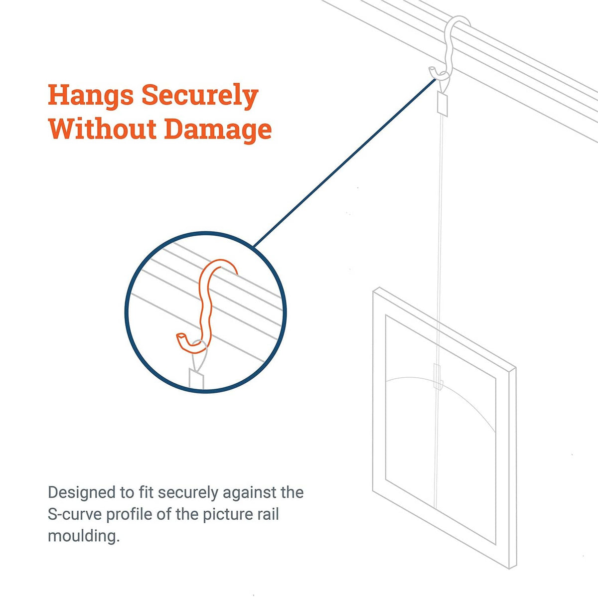 Brass narrow picture rail hook with curved open end for secure rail hanging