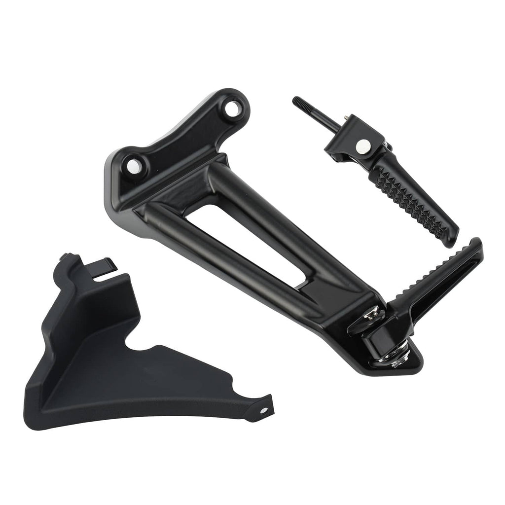 Black passenger footpeg bracket assembly with heel guard and mounting hardware