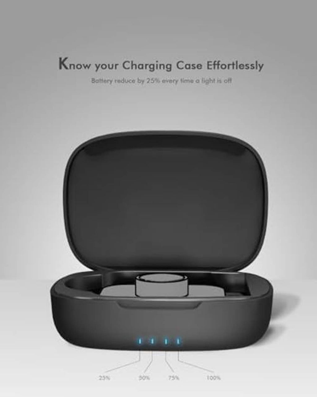 Black charging case open with central charging dock and LED battery indicator