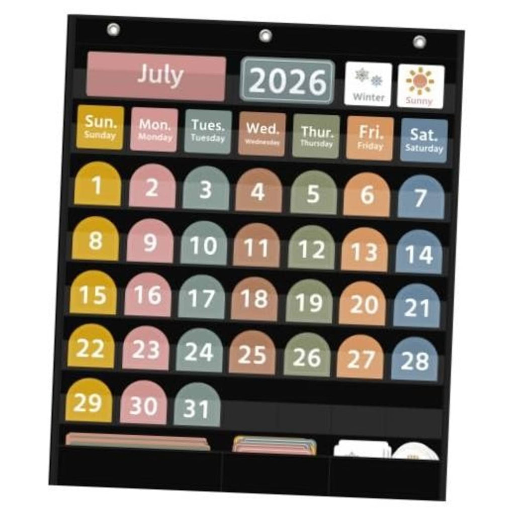 Black boho calendar pocket chart with colorful date cards and seasons pockets