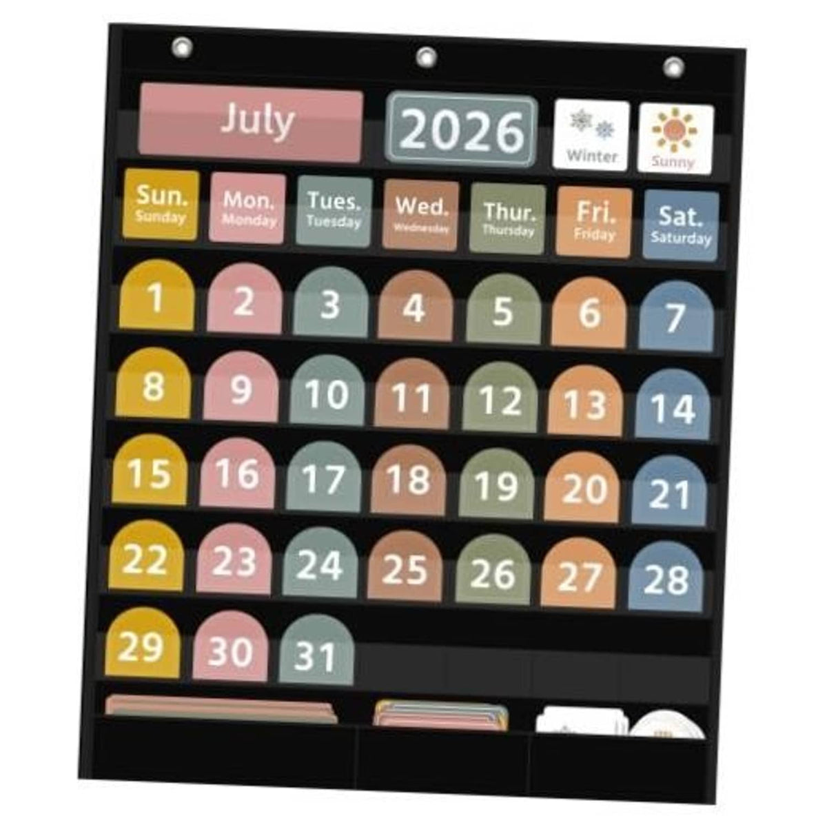 Black boho calendar pocket chart with colorful date cards and seasons pockets