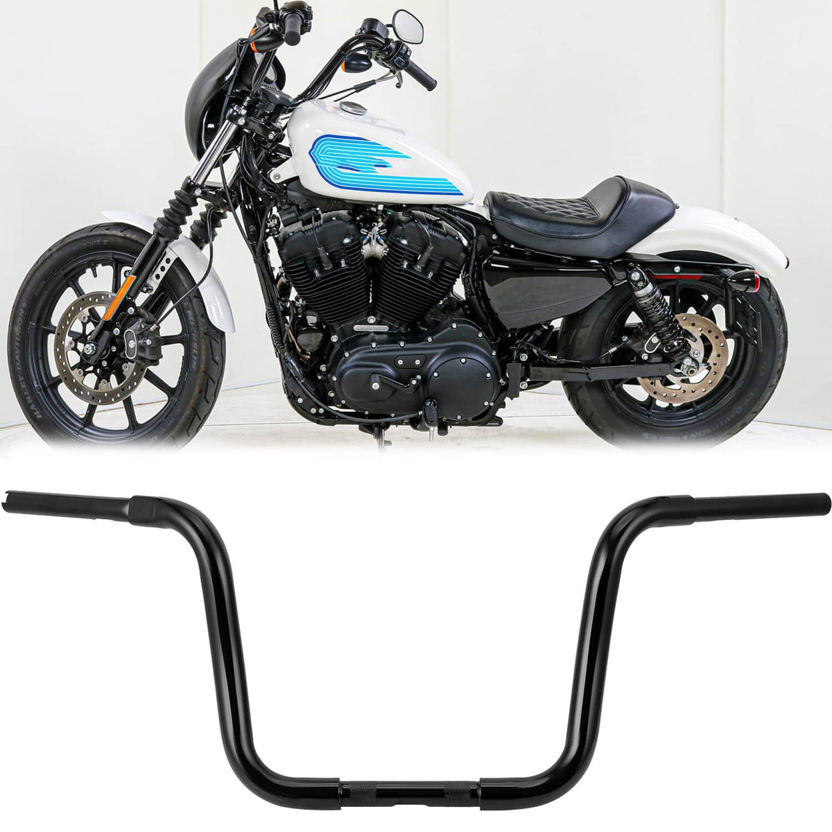 Black ape hanger handlebar installed on a motorcycle, raised street style