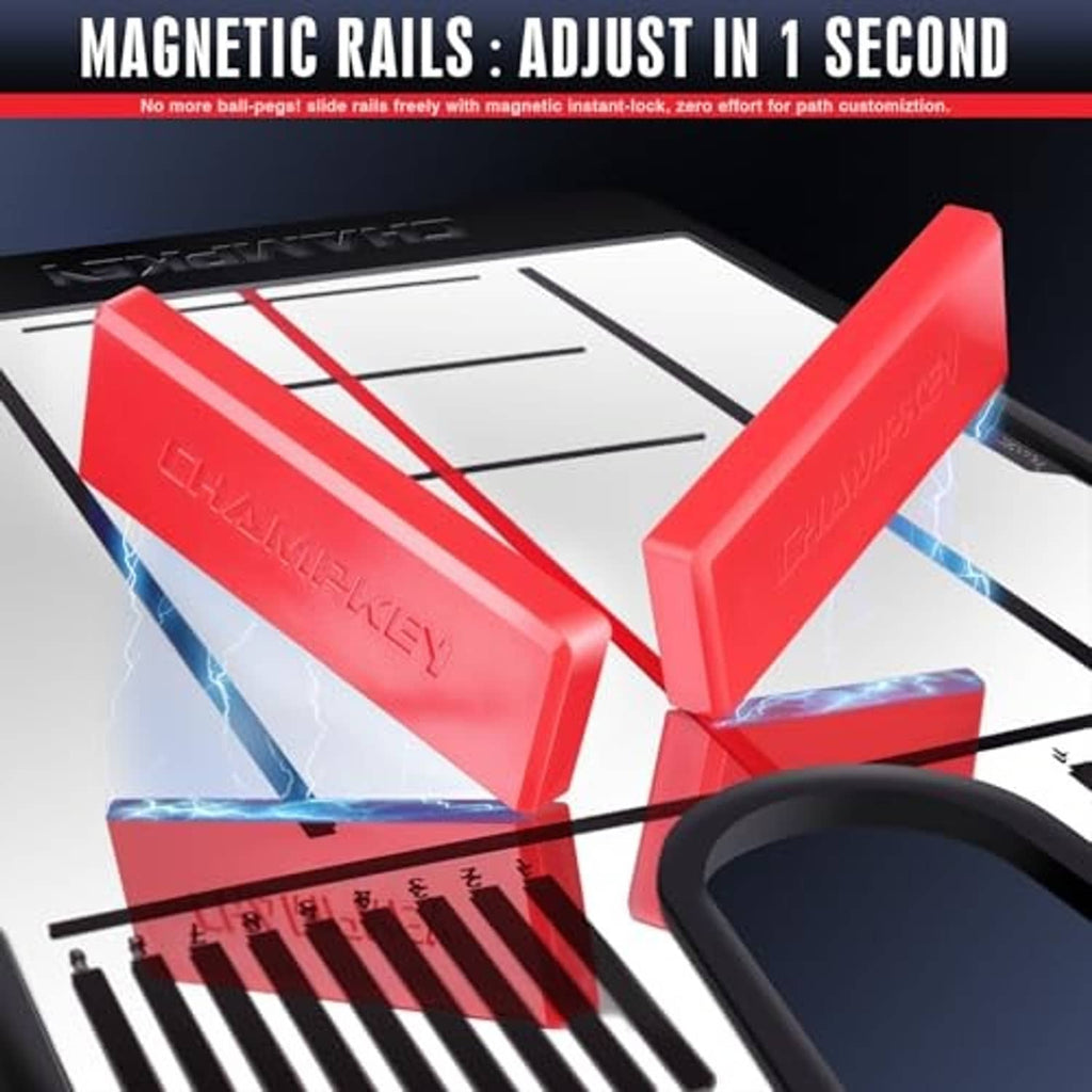 Magnetic putting mirror with adjustable red rails and angled gate alignment
