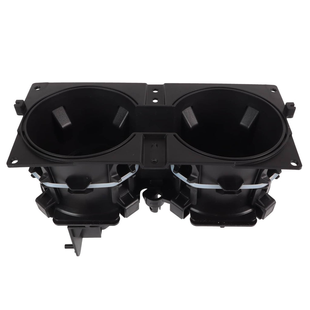 Dual front center console cup holder insert, black plastic with two circular cup wells