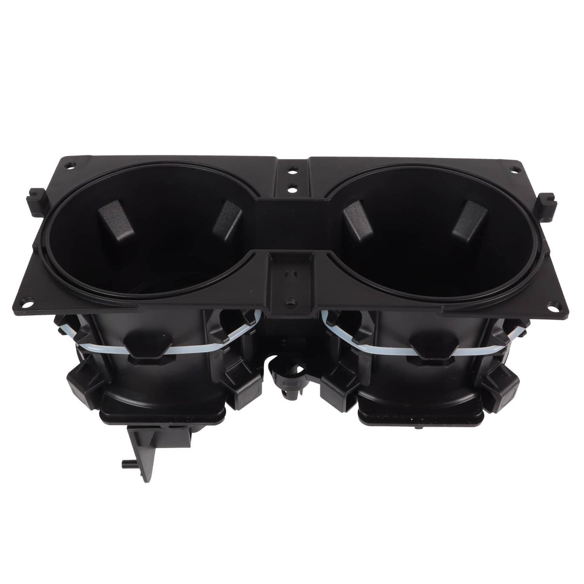 Dual front center console cup holder insert, black plastic with two circular cup wells