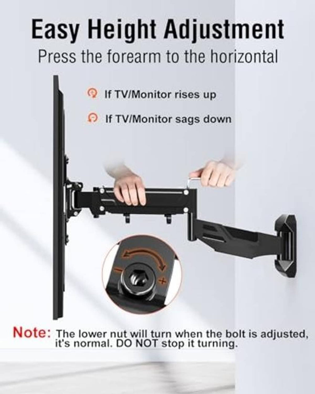 Black TV wall mount with height adjustment mechanism and locking mount arms