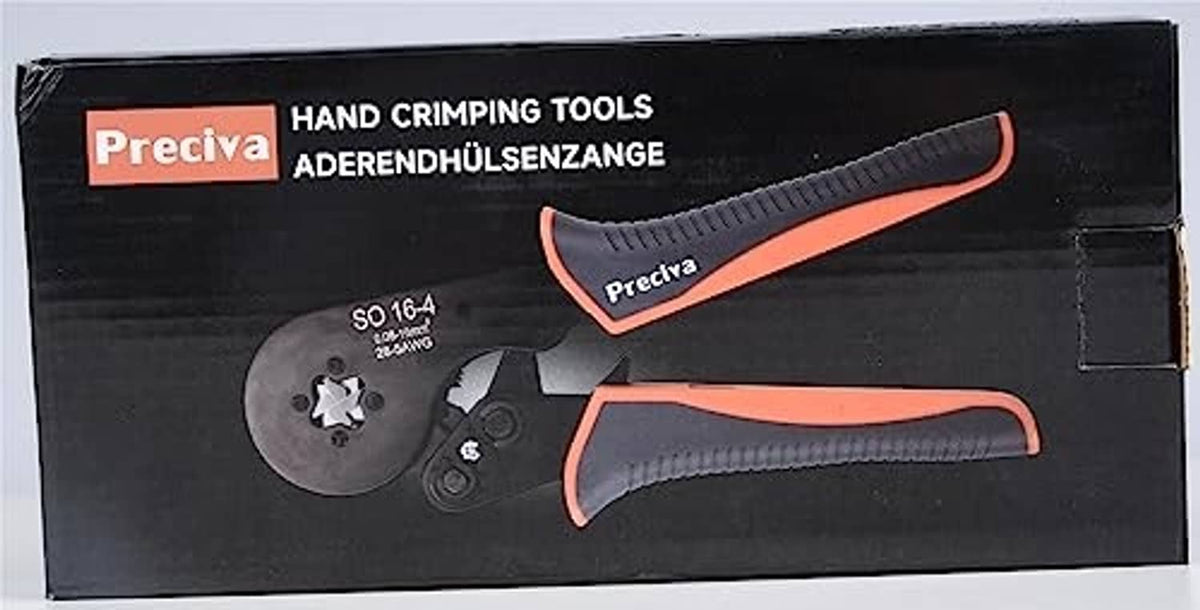 Preciva hand crimping tools box for wire ferrules, black with orange tool graphic