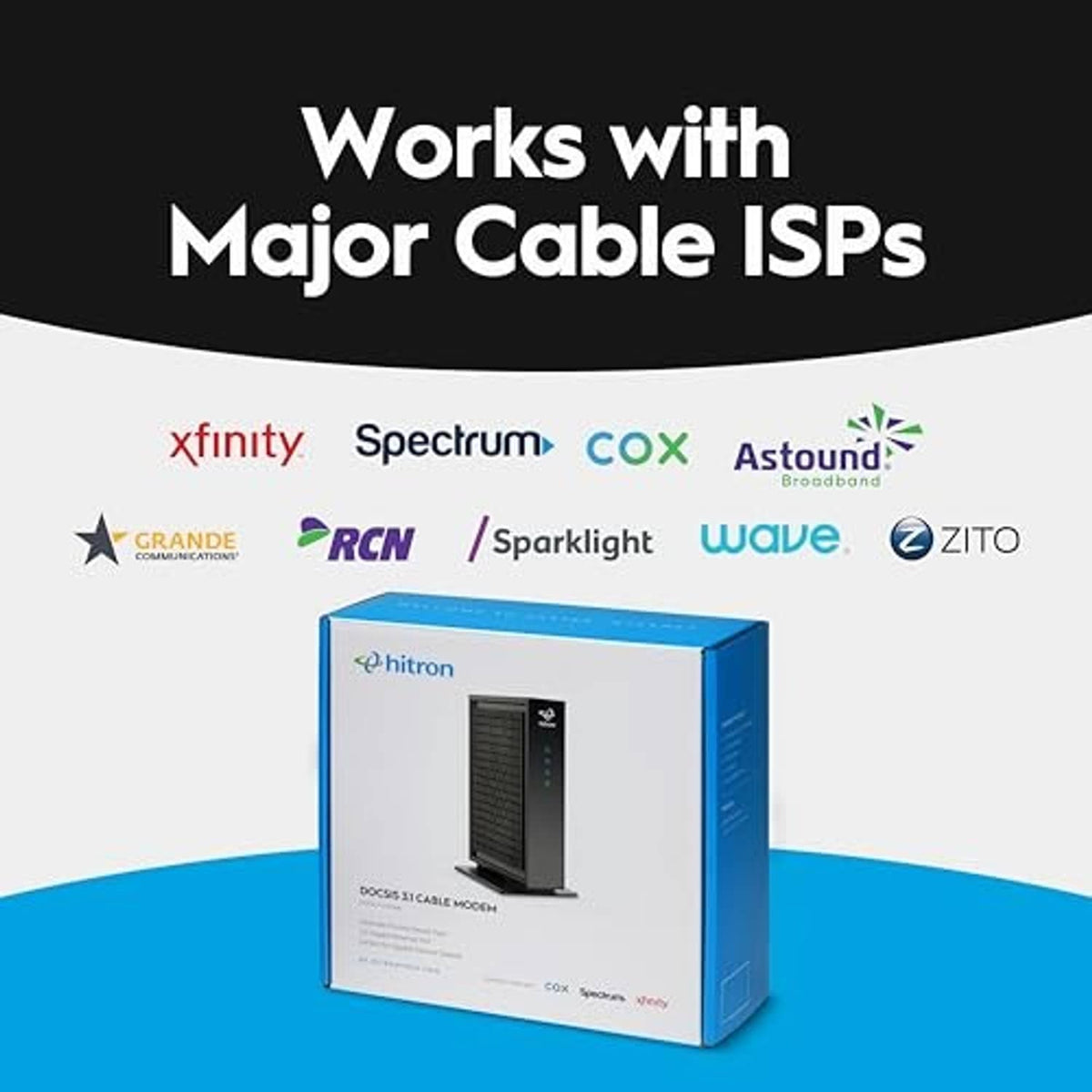 Cable modem retail box with black modem pictured