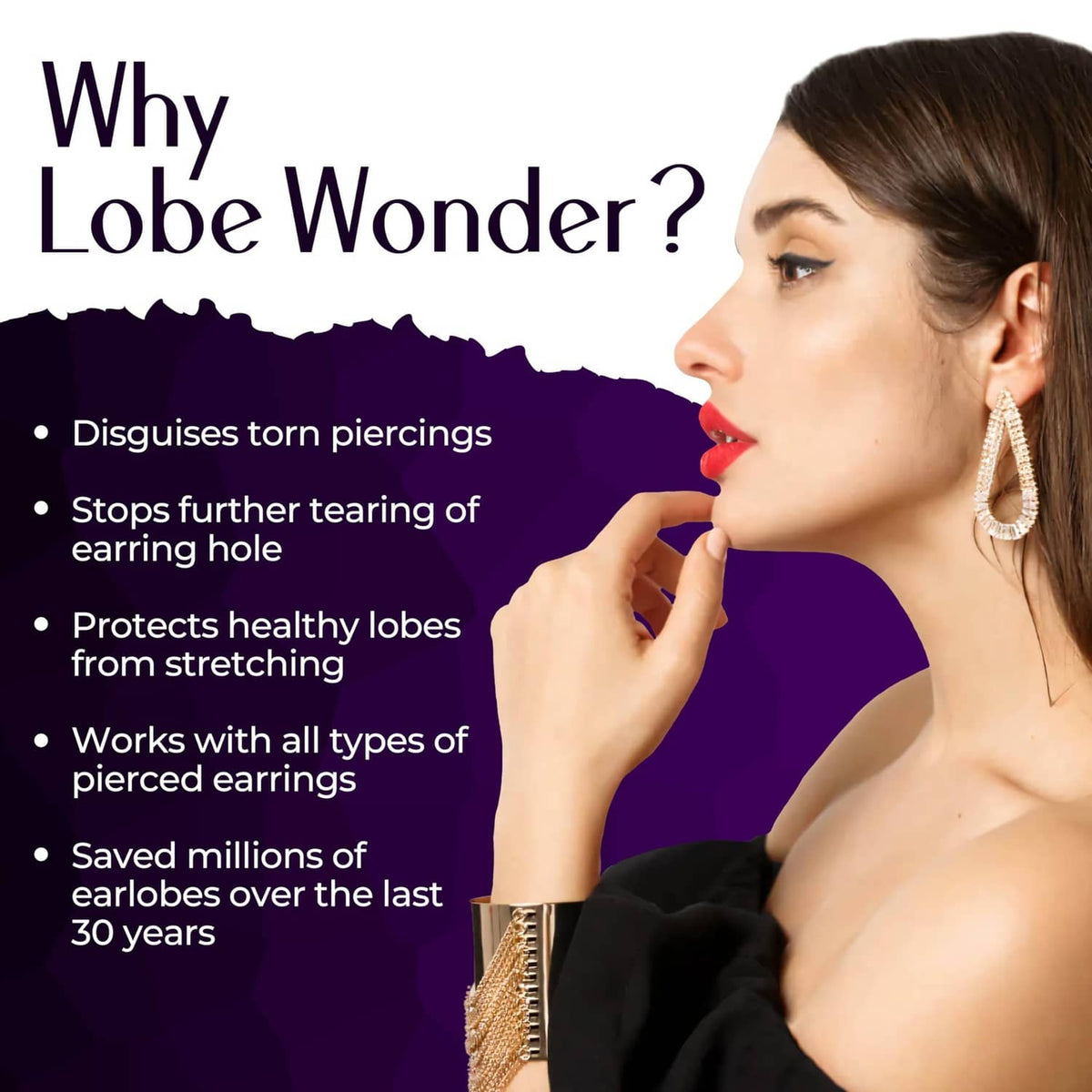 Clear ear support patch on an earlobe with hoop earring; strong support
