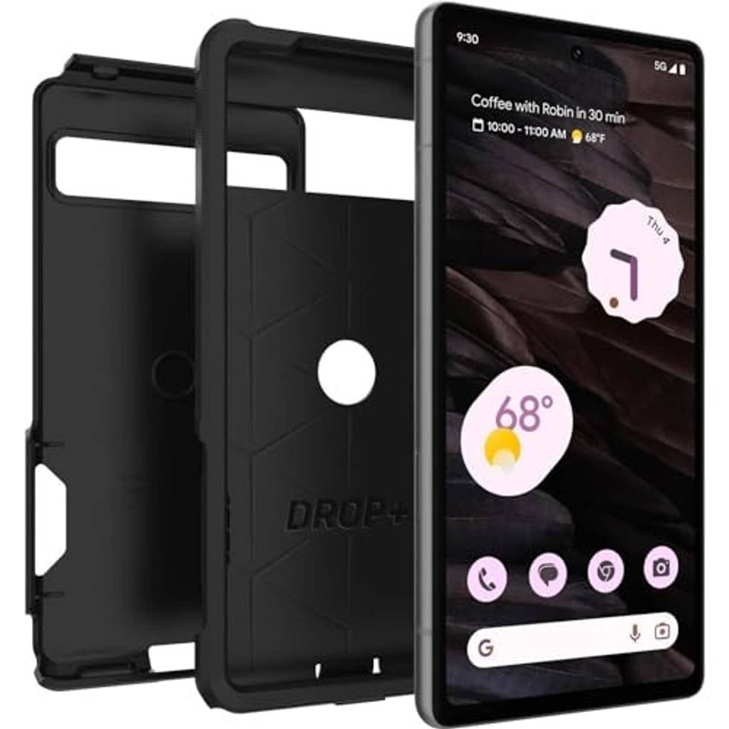 Rugged black protective phone case with front cover, camera opening, and kickstand-style grip