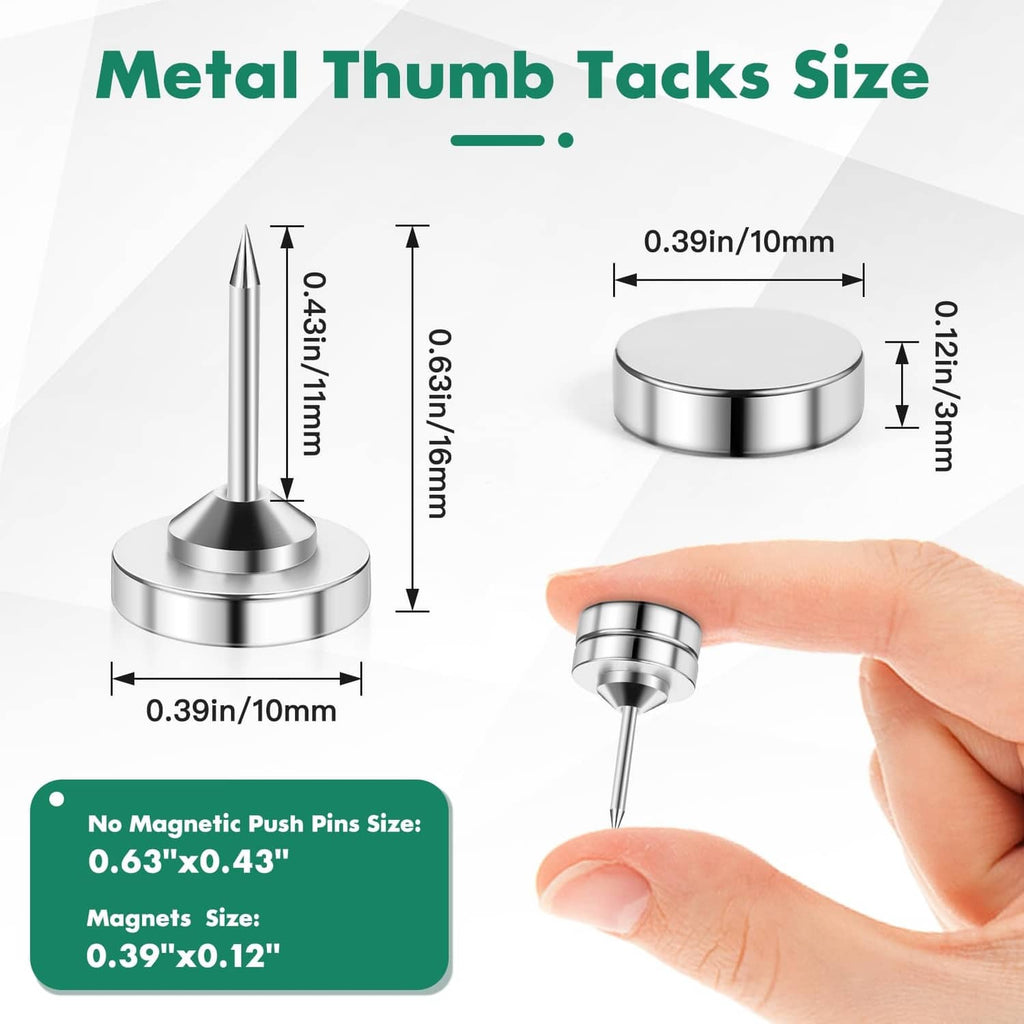Silver metal thumbtacks with magnetic round base and pointed pin, held in hand